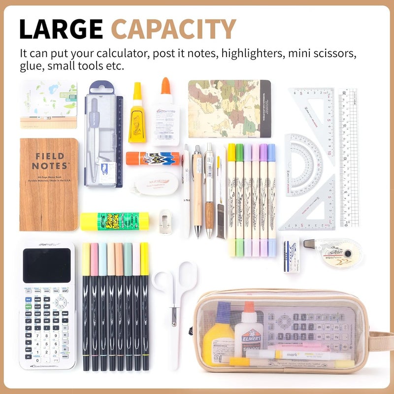ANGOOBABY Large Grid Mesh Pencil Case 2 Compartment Pen Bag Clear Handheld Multifunction Pencil Pouch Transparent Makeup Bag for Teen Student College Business Travel Office Adult - Beige - Image 2